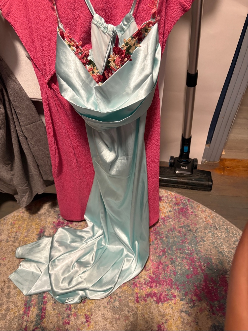 Satin Aqua Slip Dress with Floral Embroidered Bust